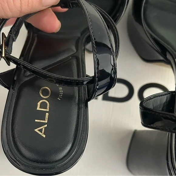 Aldo Glossy Black Heeled Sandals - Picture 7 of 10